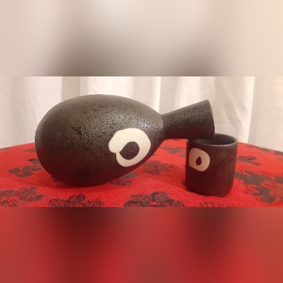 Sake Set for One, Black with White, Salt Glaze (Orangepeel Texture) MCI Japan - Picture 2 of 7